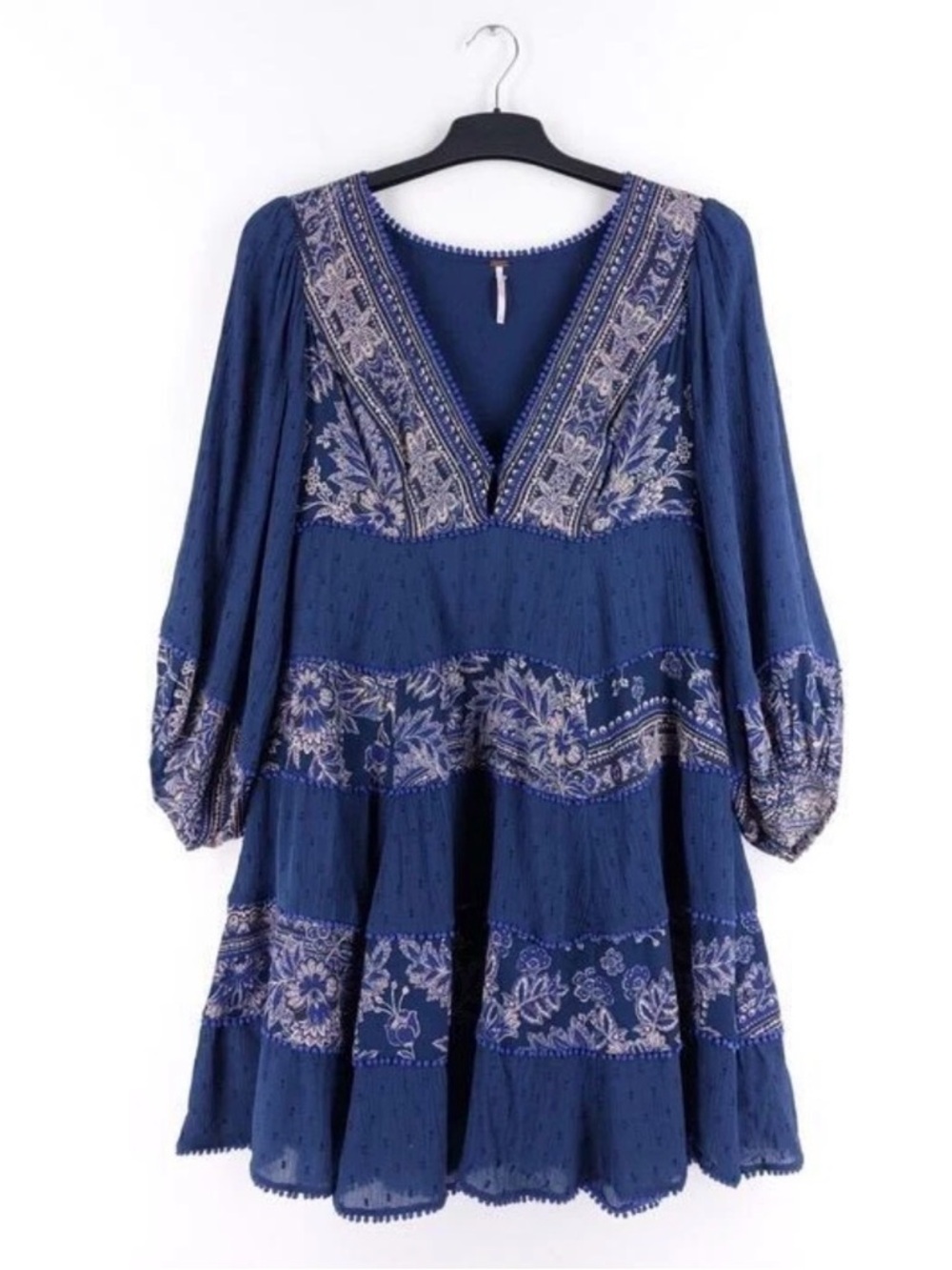 Free People Navy Embroidered Boho Mini Dress XS Balloon Sleeve